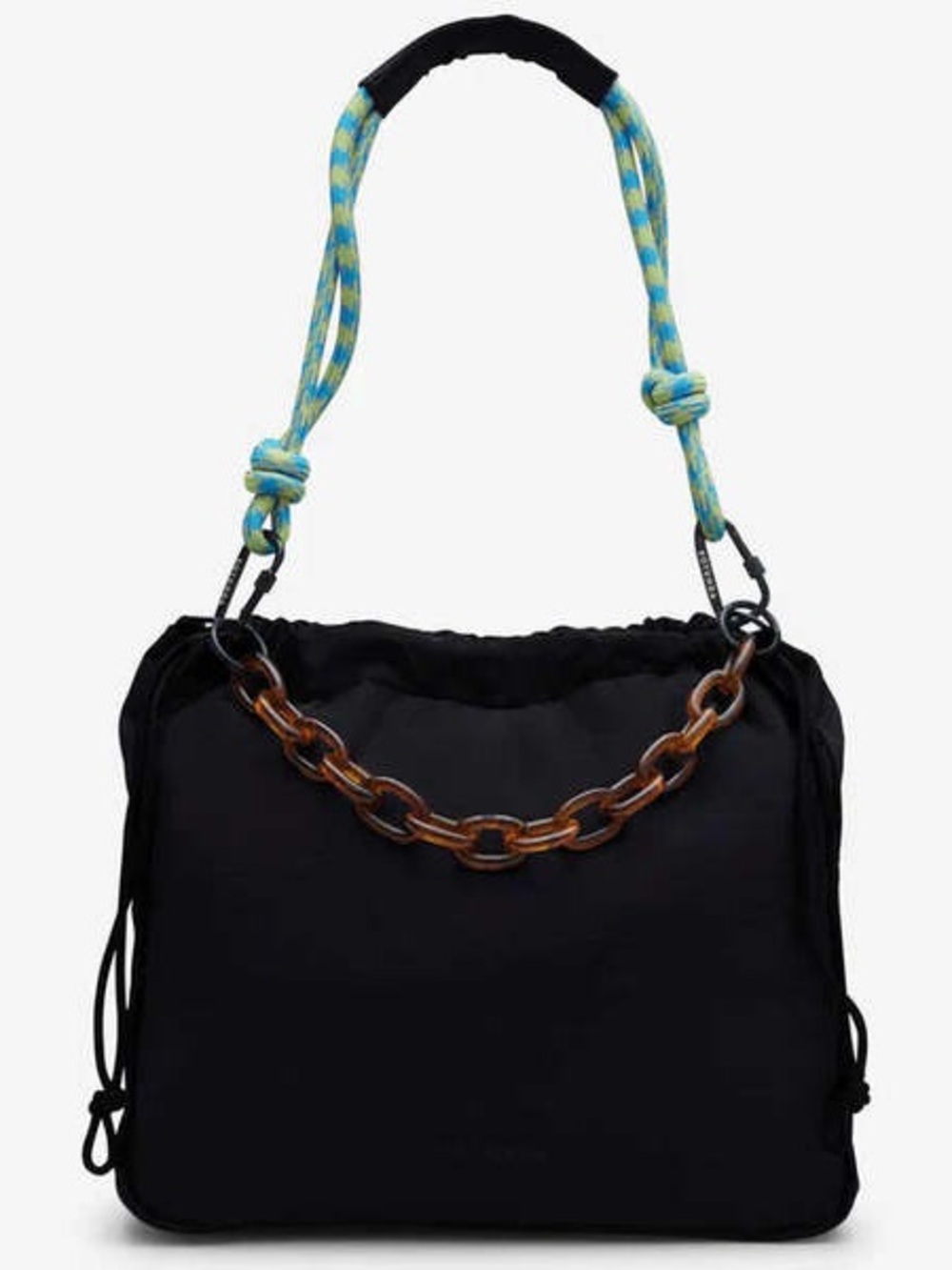 Black Shoulder Bag with Tortoiseshell Chain and Blue Rope Strap
